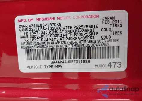 2011 Mitsubishi Outlander Sport Se z USA, uszkodzony, nr VIN JA4AR4AU0BZ011589